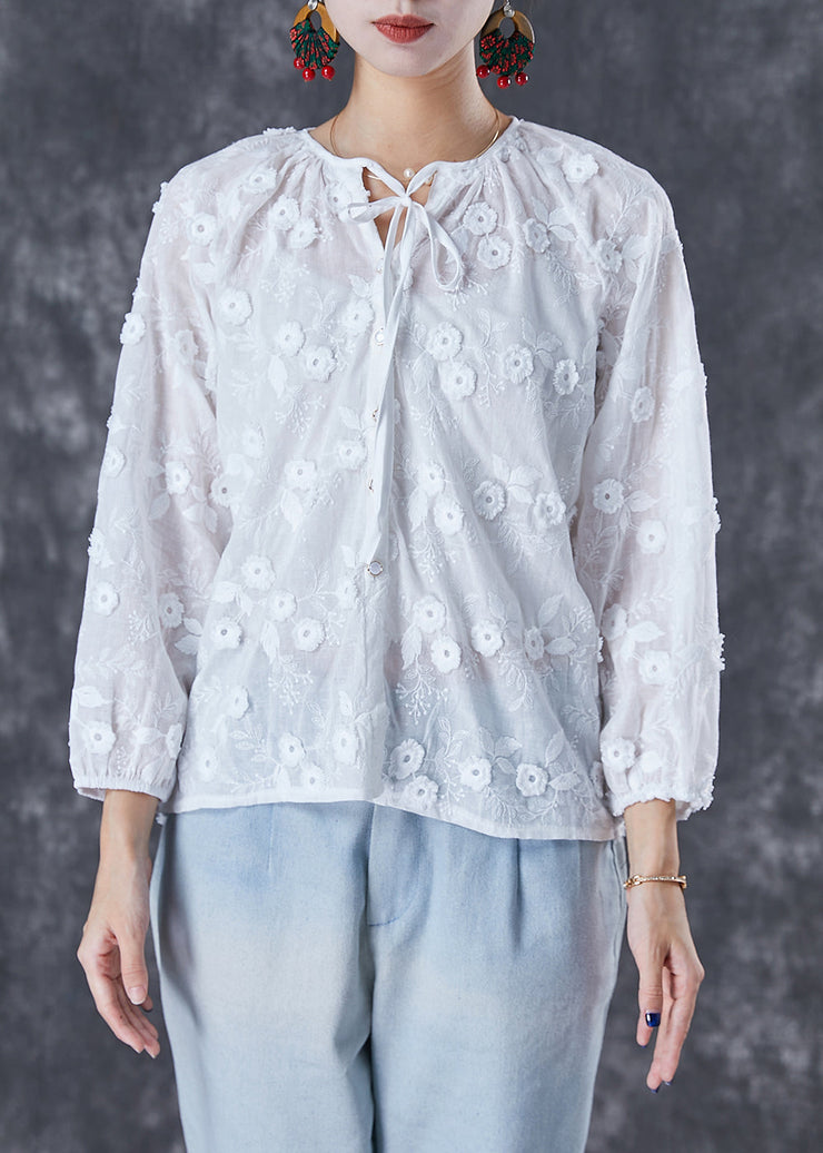 Elegant White Embroidered Floral Lace Up Cotton Tops Fall