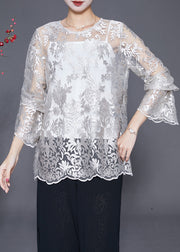 Elegant White Embroidered Hollow Out Lace Top Fall