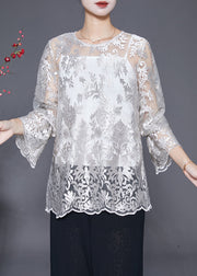 Elegant White Embroideried Hollow Out Lace Top Fall