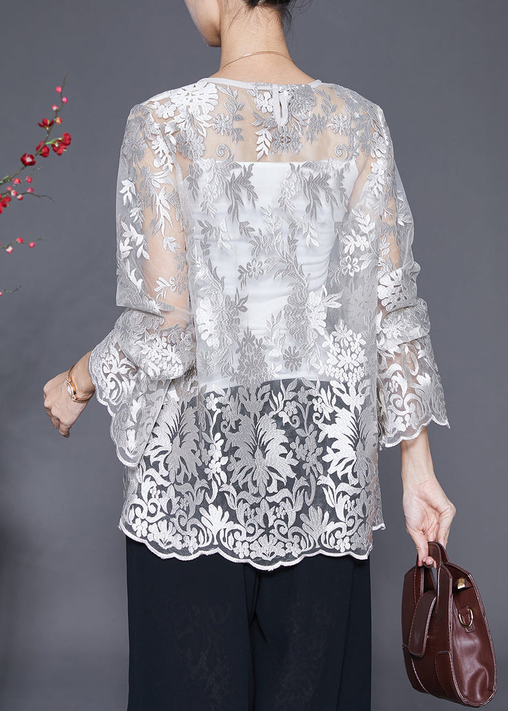 Elegant White Embroidered Hollow Out Lace Top Fall