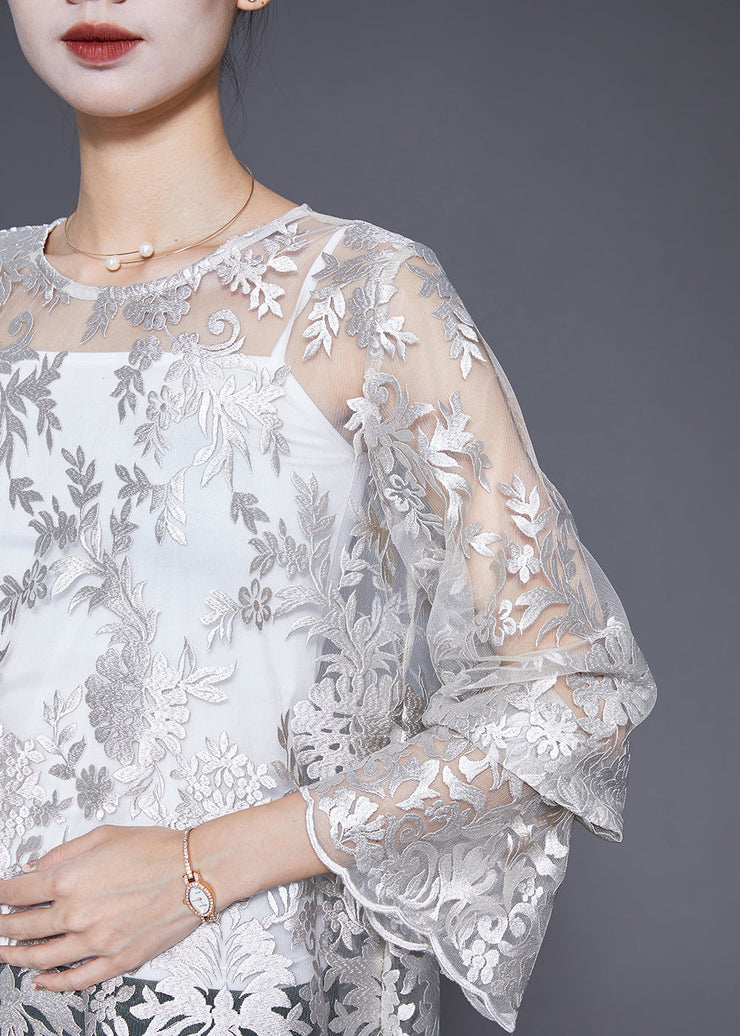 Elegant White Embroidered Hollow Out Lace Top Fall