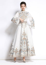 Elegant White Embroidered Patchwork Cotton Exra Large Hem Long Dresses Flare Sleeve