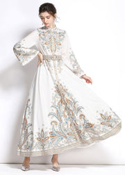 Elegant White Embroidered Patchwork Cotton Exra Large Hem Long Dresses Flare Sleeve