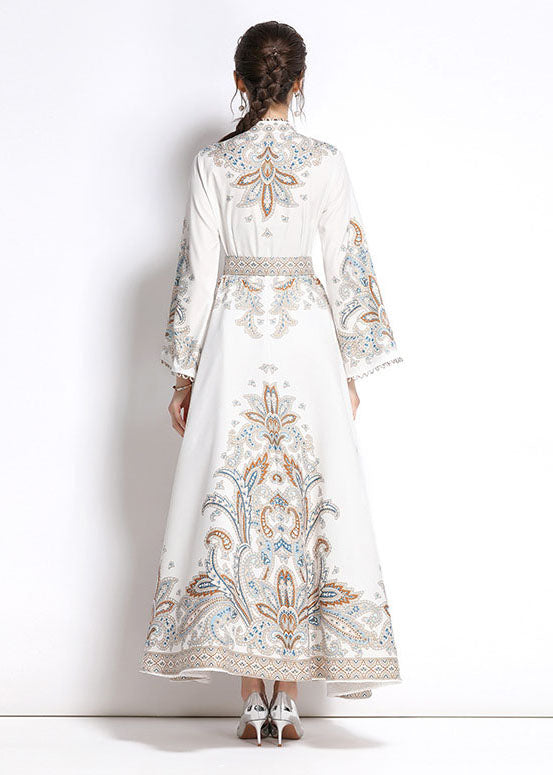 Elegant White Embroidered Patchwork Cotton Exra Large Hem Long Dresses Flare Sleeve