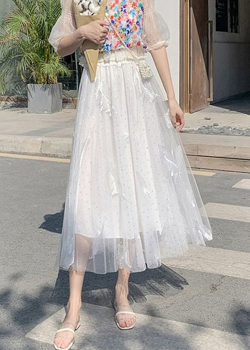 Elegant White Feathers Embroidered Elastic Waist Tulle Skirt Summer