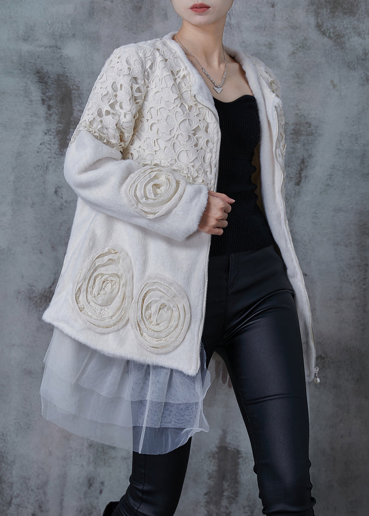 Elegant White Floral Patchwork Mink Velvet Jackets Winter