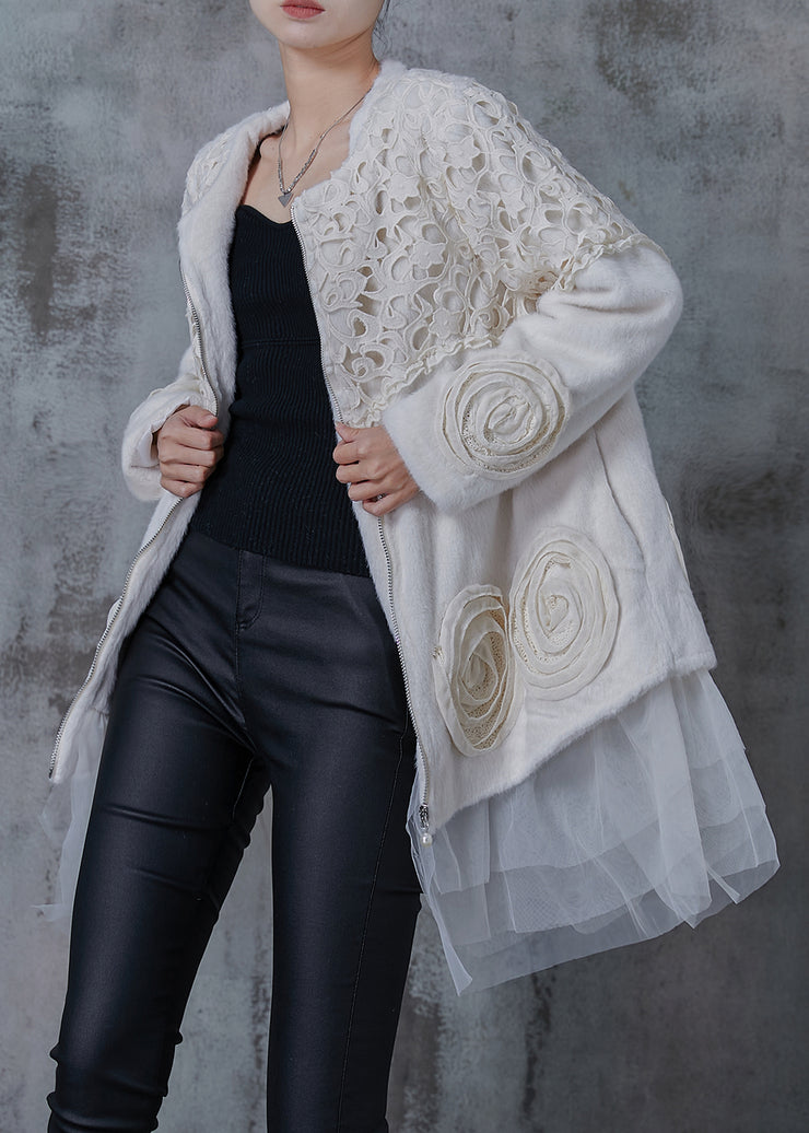 Elegant White Floral Patchwork Mink Velvet Jackets Winter