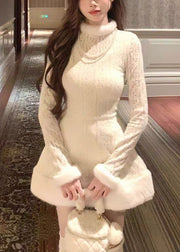 Elegant White Fur Collar Coat And Dress Fluffy Two Pieces Set Flare Sleeve