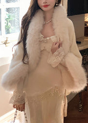 Elegant White Fur Collar Coat And Dress Fluffy Two Pieces Set Flare Sleeve