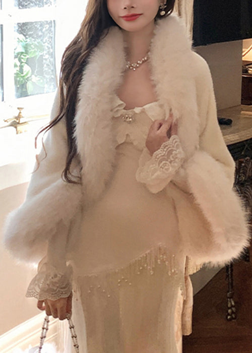 Elegant White Fur Collar Coat And Dress Fluffy Two Pieces Set Flare Sleeve