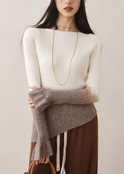 Elegant White Gradient Slash Neck Slim Knit Sweaters Fall