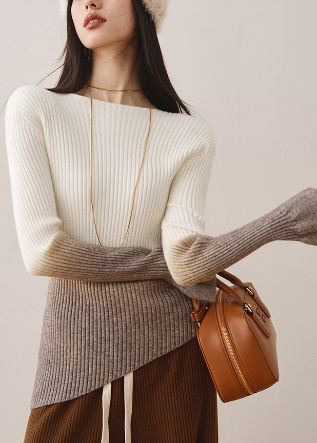 Elegant White Gradient Slash Neck Slim Knit Sweaters Fall