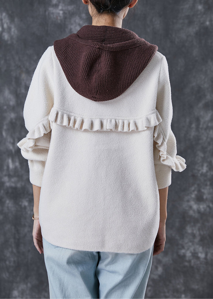 Elegant White Hooded Patchwork Ruffled Woolen Coats Spring