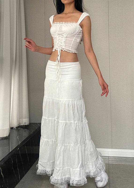 Elegant White Lace Tank And Skirts Cotton Two Pieces Set Sleeveless