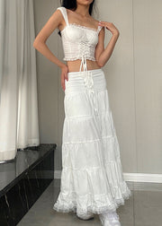 Elegant White Lace Tank And Skirts Cotton Two Pieces Set Sleeveless