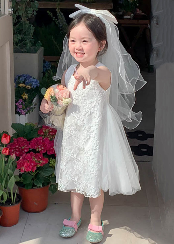 Elegant White Lace Tulle Patchwork Girls Dress Sleeveless