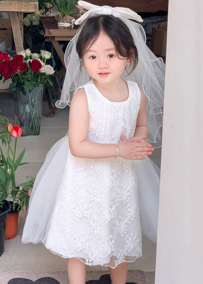 Elegant White Lace Tulle Patchwork Girls Dress Sleeveless