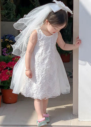 Elegant White Lace Tulle Patchwork Girls Dress Sleeveless