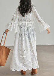 Elegant White Lace Up Hollow Out Cotton Dresses Flare Sleeve