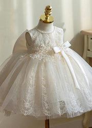 Elegant White Nail Bead Embroideried Tulle Girls Long Dress Sleeveless