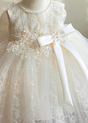 Elegant White Nail Bead Embroideried Tulle Girls Long Dress Sleeveless