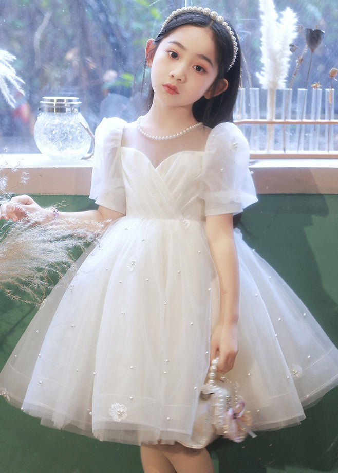 Elegant White Nail Bead Floral Tulle Kids Long Dresses Summer