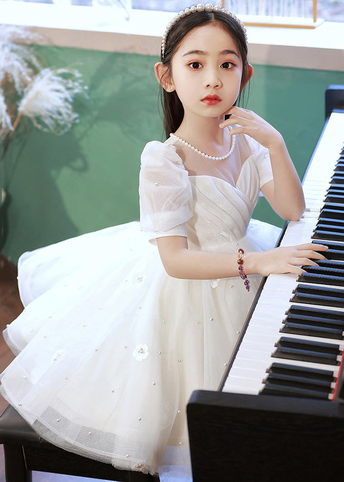 Elegant White Nail Bead Floral Tulle Kids Long Dresses Summer