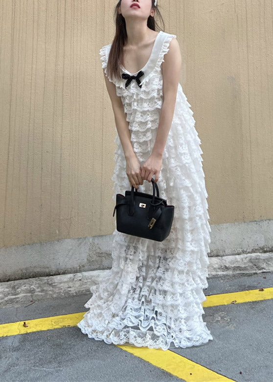 Elegant White O-Neck Bow Lace Layered Long Dress Spring