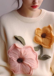 Elegant White O Neck Floral Knit Sweater Tops Spring