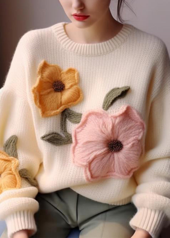 Elegant White O Neck Floral Knit Sweater Tops Fall