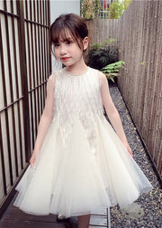 Elegant White O-Neck Nail Bead Tulle Kids Long Dress Sleeveless