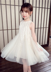Elegant White O-Neck Nail Bead Tulle Kids Long Dress Sleeveless