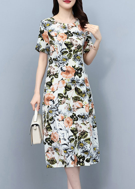 Elegant White O-Neck Print Slim Silk Vacation Maxi Dresses Summer