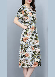 Elegant White O-Neck Print Slim Silk Vacation Maxi Dresses Summer