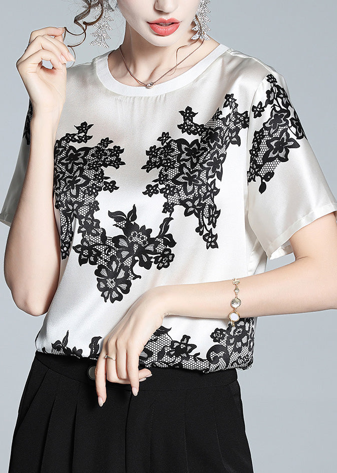 Elegant White O-Neck Print T Shirt Short Sleeve