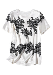 Elegant White O-Neck Print T Shirt Short Sleeve