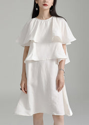 Elegant White O Neck Ruffled Patchwork Cotton Mid Dresses Summer