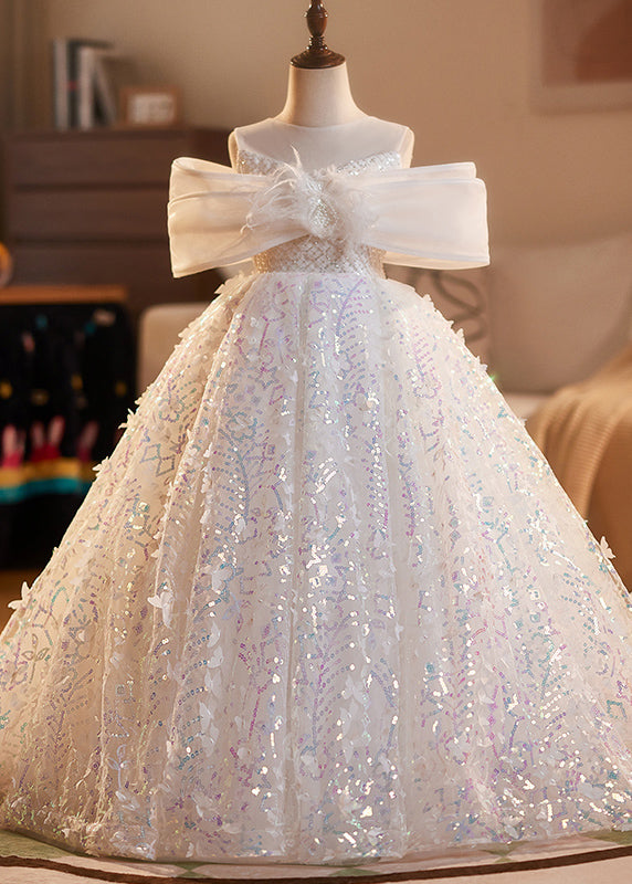 Elegant White O-Neck Sequins Tulle Girls Vacation Long Dresses Summer