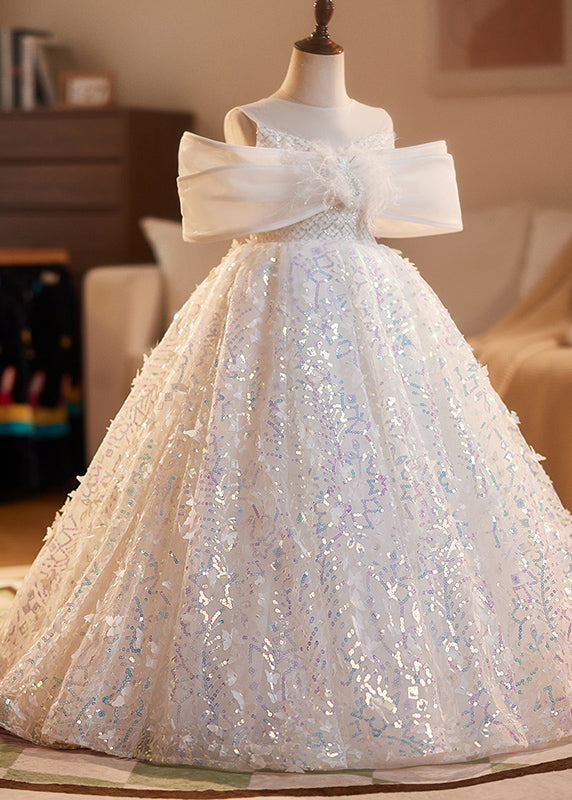 Elegant White O-Neck Sequins Tulle Girls Vacation Long Dresses Summer