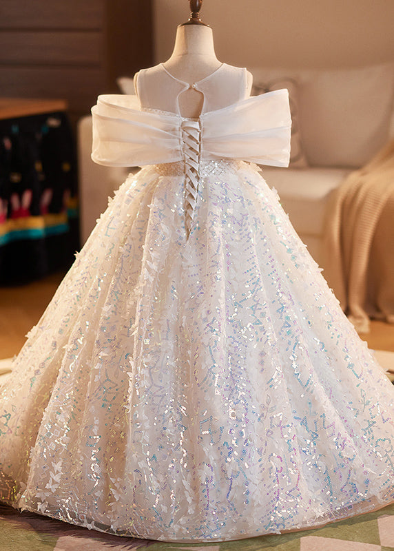 Elegant White O-Neck Sequins Tulle Girls Vacation Long Dresses Summer