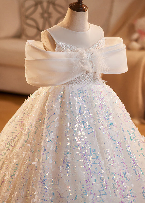 Elegant White O-Neck Sequins Tulle Girls Vacation Long Dresses Summer