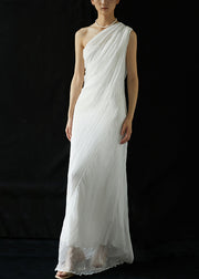 Elegant White One-Shoulder Wrinkled Silk Long Dresses Summer