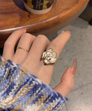 Elegant White Overgild 14K Gold Camellia Rings