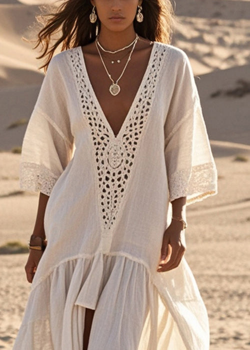 Elegant White Oversized Lace Patchwork Cotton Long Dresses Summer