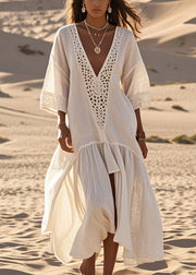 Elegant White Oversized Lace Patchwork Cotton Long Dresses Summer