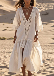 Elegant White Oversized Lace Patchwork Cotton Long Dresses Summer