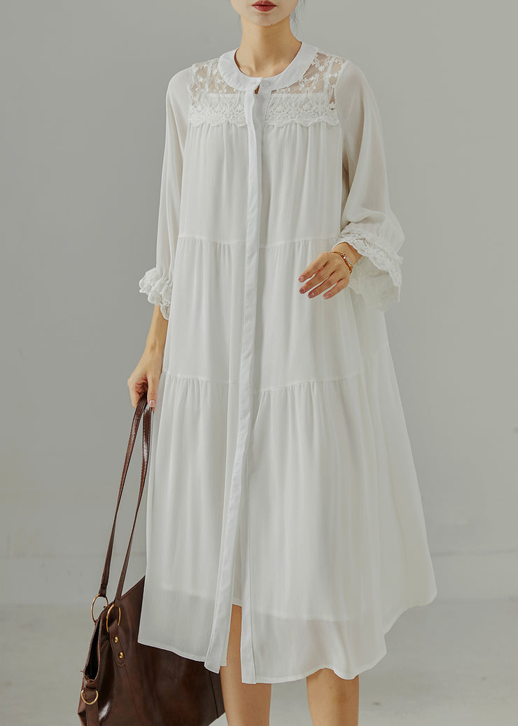 Elegant White Oversized Patchwork Cotton Robe Dresses Summer