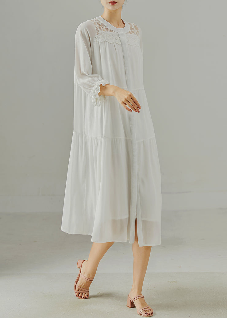 Elegant White Oversized Patchwork Cotton Robe Dresses Summer