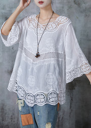 Elegant White Oversized Patchwork Lace Cotton Blouses Flare Sleeve