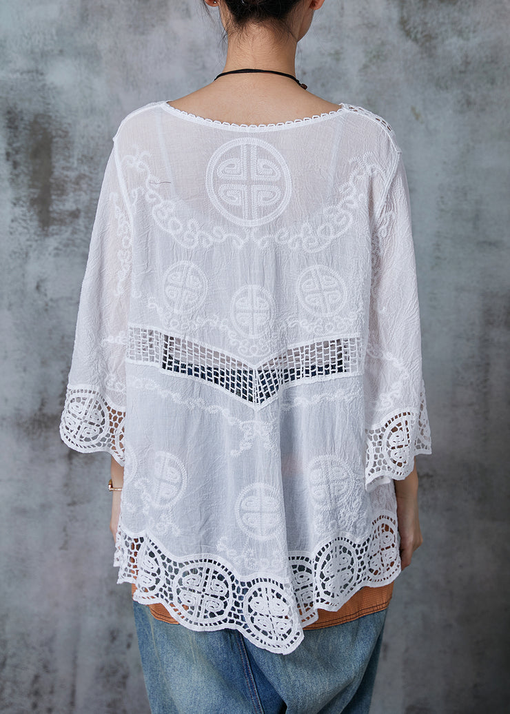 Elegant White Oversized Patchwork Lace Cotton Blouses Flare Sleeve